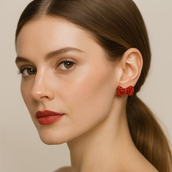 Fashion Jewelry Crystal Stud Earrings Sparkle Bows Red 1 In Wide New - Picture 1 of 8